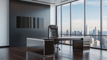 This executive office has a large dark colored desk with a black leather chair, a dark paneled wall with a built in screen.