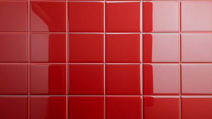 A close-up shows a grid of red, glossy square tiles. The tiles reflect light, creating highlights and shadows, highlighting the smooth surfaces and grout lines.