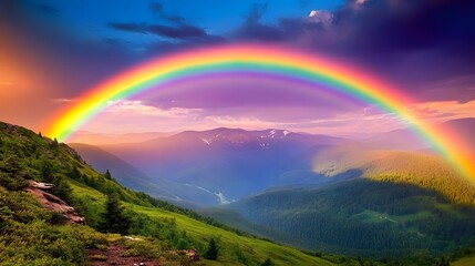 Majestic Rainbow Arching Over Lush Green Mountains at Sunset