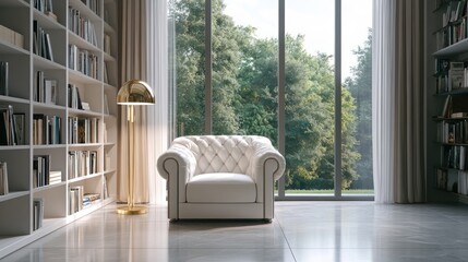 Modern library armchair by window, serene view