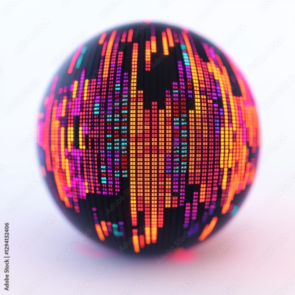 Poster a vibrant, glowing sphere displays colorful patterns resembling digital data, creating an abstract a