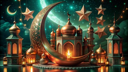 Obraz premium Ramadan Kareem background with mosque and arabic lanterns new background