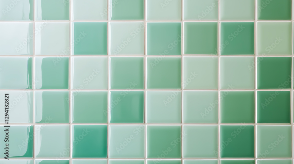 Poster square-tiled wall with a smooth, reflective surface displaying gradient colors of green. the tiles a
