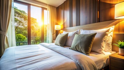 Cozy Hotel Room Bed with Soft Pillows - Relaxing Vacation Getaway