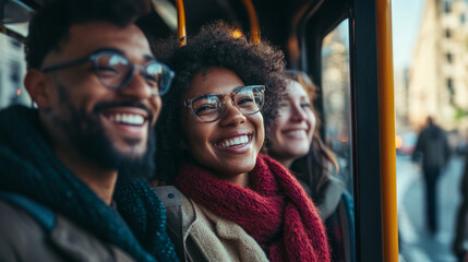 Joyful moments shared by diverse passengers smiling on a tram during a lively city journey