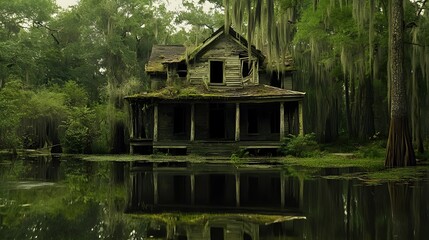 Abandoned House Overgrown with Moss in Swampy Forest Dark and Mysterious Atmosphere