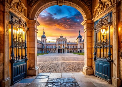 Majestic Entrance: Goyeneche Palace, Nuevo Bazt&aacute;n, Spain - High-Resolution Stock Photo