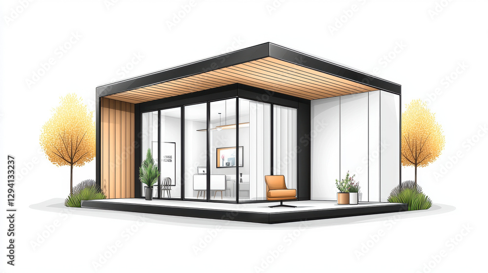 Poster modern office building with sleek design and large windows, surrounded by trees and plants, creating