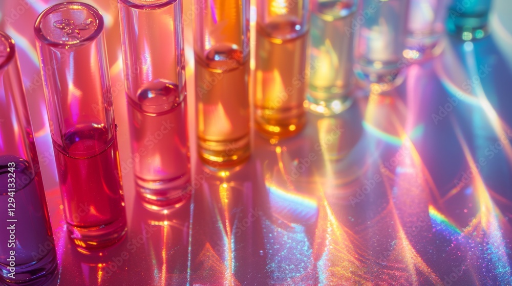 Aufkleber A series of test tubes filled with various colored liquids are arranged to capture light, producing a dazzling array of reflections in a laboratory environment during twilight.