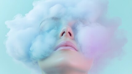 Dreamy pastel clouds envelop serene face, creating ethereal atmo