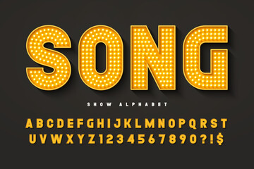 Modern bright lights alphabet design, cabaret, fairy LED lamps letters and numbers.