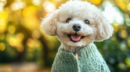 Cute white fluffy dog wearing a knitted sweater, happily posing outdoors with a cheerful, sunny background.