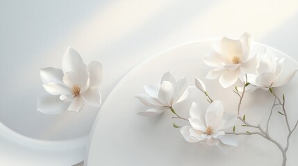 Beautiful white magnolia flowers gracefully arranged on branches, captured against a soft...