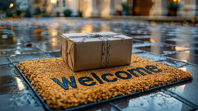 Rainy Day Delivery: A Package on a Welcome Mat
