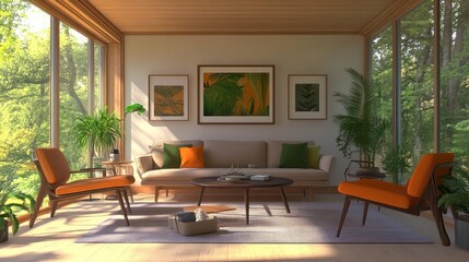 Modern living room with forest view, relaxing ambiance