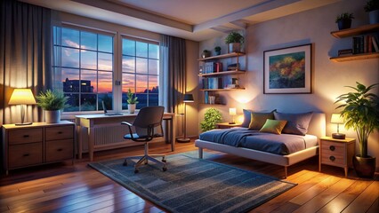 Cozy Night Apartment Interior: Bedroom, Living Room, & Creative Space - High-Resolution Stock Photo