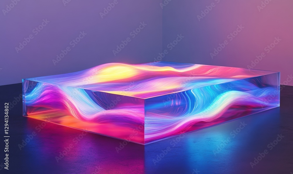 Poster luminous rectangular prism with colorful, wavy patterns.