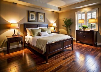 Cozy Nighttime Bedroom: Queen Bed, White Bedding, Wood Floors