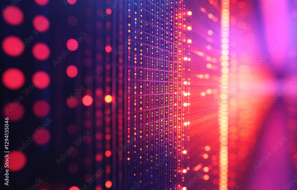Poster a futuristic digital display with glowing red and purple led lights forming an abstract pattern. ide