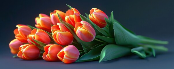 Obraz premium Beautiful tulips in a floral bouquet lie on a white background in stunning top view for the holiday greeting or birthday gift.