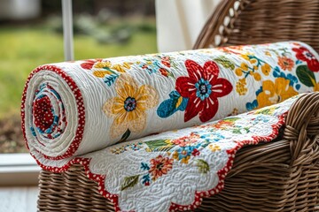 Obraz premium patchwork and fashion concept - macro on beautiful quilts rolled into a tube and laid in a wicker chair
