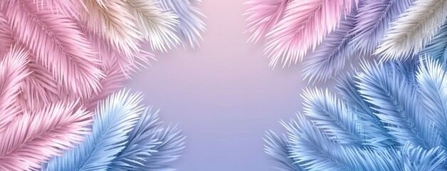 Pastel neon tropical palm leaves stand out against a soft gradient backdrop, showcasing a dreamy vaporwave aesthetic for design projects
