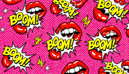 Fototapeta premium Vibrant pop art pattern showcasing lips and 