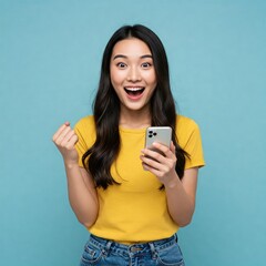 Surprised young Asia lady using mobile phone with positive expression, smiles broadly, dressed in casual clothing and stand isolated on blue background. Happy adorable glad woman rejoices success.