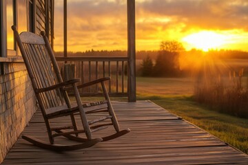 An old wooden rocking chair on a farmhouse porch, overlooking a golden sunset, rustic and nostalgic