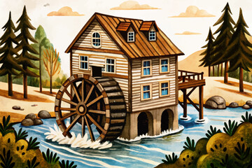 wooden mill with river and trees in forest abstract cartoon illustration © samira