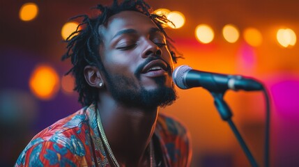 A man with dreadlocks passionately sings into a microphone on a vibrant stage with warm glowing lights