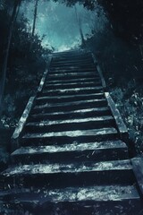An old wooden staircase with rotting steps, leading into darkness, eerie and atmospheric