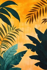 Tropical palm leaves silhouettes with vibrant orange background creating a warm and inviting atmosphere for summer decor, nature-inspired artwork, or relaxation.