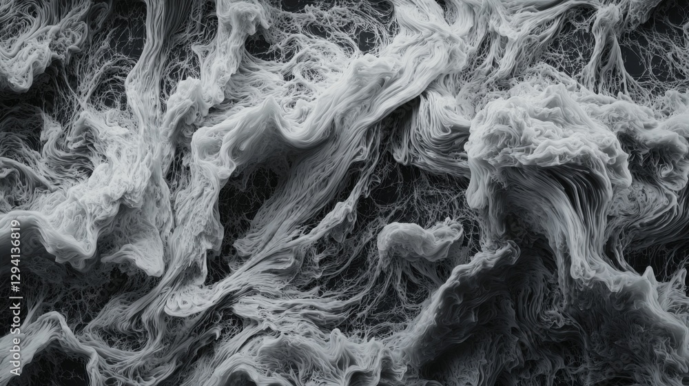 Poster abstract texture of chaotic white foam waves on dark background for creative projects and visual art