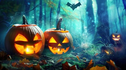 Fototapeta premium Enchanted Halloween Magic Forest at Night, Spooky Dark Woods with Glowing Pumpkins, Witchy Moonlit Scene, Mystical Background for Party Invitations, Digital Art