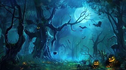 Fototapeta premium Enchanted Halloween Magic Forest at Night, Spooky Dark Woods with Glowing Pumpkins, Witchy Moonlit Scene, Mystical Background for Party Invitations, Digital Art