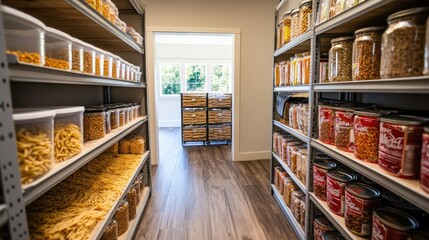 Organized Pantry: A Well-Stocked Kitchen with Rows of Pasta, Grains, and Snacks