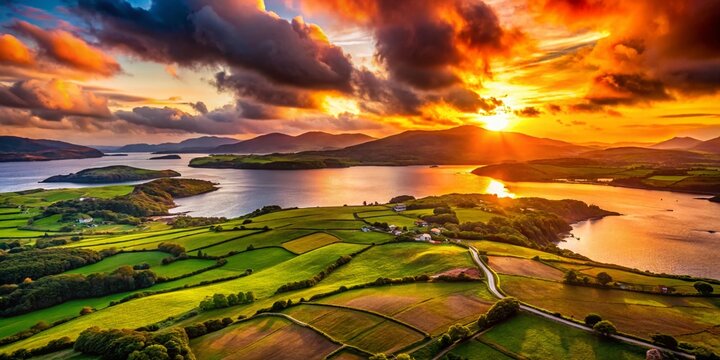 Majestic Kerry Landscape: Aerial Silhouette at Sunset, Kenmare, Ireland