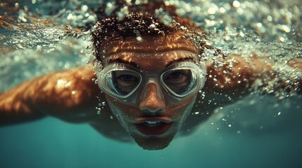 Naklejka premium Man swimming underwater with goggles in ocean