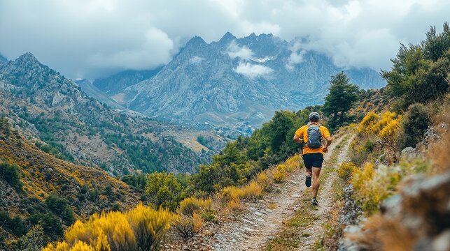 Man trail running mountain path, valley view, cloudy sky