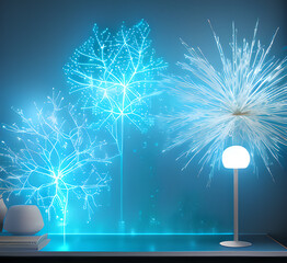  House interior in glowing blue style neon colors.bright lights picture and decorative tree.generative ai