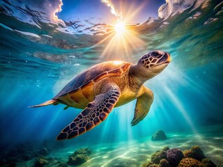 Obraz premium Majestic Loggerhead Sea Turtle Swimming in Ocean - Underwater Wildlife Stock Photo