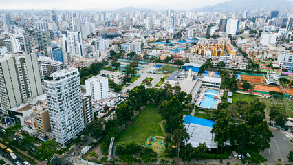 Fototapeta premium Aerial view of Jesús María district in Lima, a dense urban area