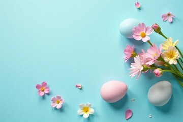 Pastel Easter Eggs and Delicate Spring Blossoms on a Light Blue Background
