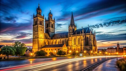 Obraz premium Majestic Magdeburg Cathedral at Night - Illuminated Gothic Architecture