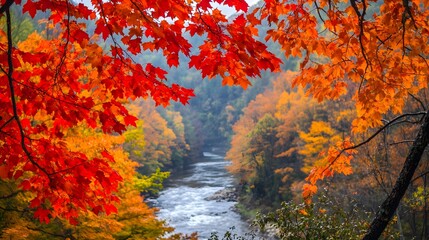 Vibrant Autumn River Scene Red and Gold Maple Leaves Over Flowing Water