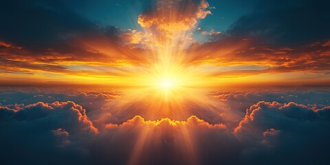 Fototapeta premium Vibrant sunset over fluffy clouds, sun rays breaking through.