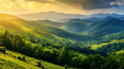 Obraz premium Majestic Sunrise Over Rolling Green Hills and Lush Mountain Landscape
