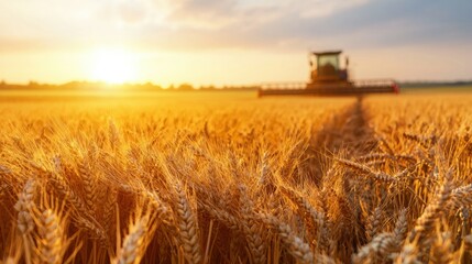 Golden Wheat Field with Tractor Under Sunset Sky