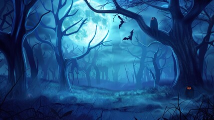 Enchanted Halloween Magic Forest at Night, Spooky Dark Woods with Glowing Pumpkins, Witchy Moonlit Scene, Mystical Background for Party Invitations, Digital Art